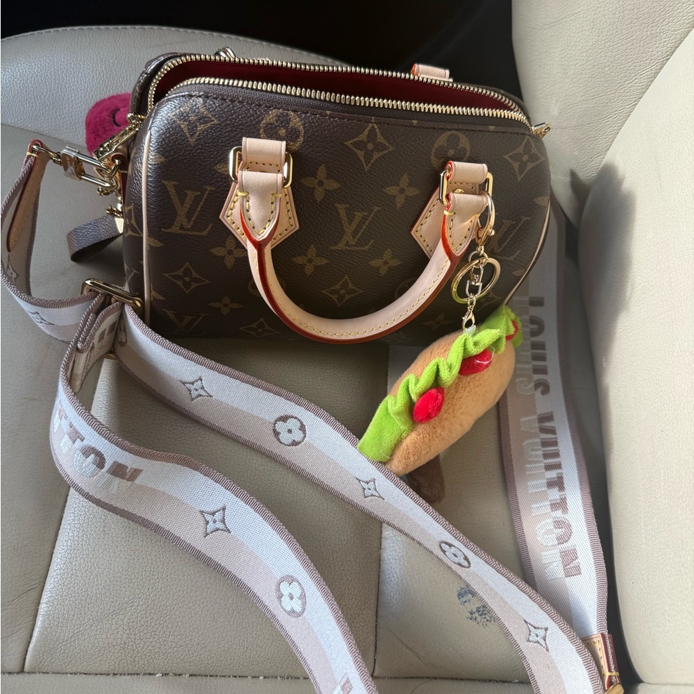 Louis Vuitton Brown Monogram Crossbody with Beige Strap and Green Charm